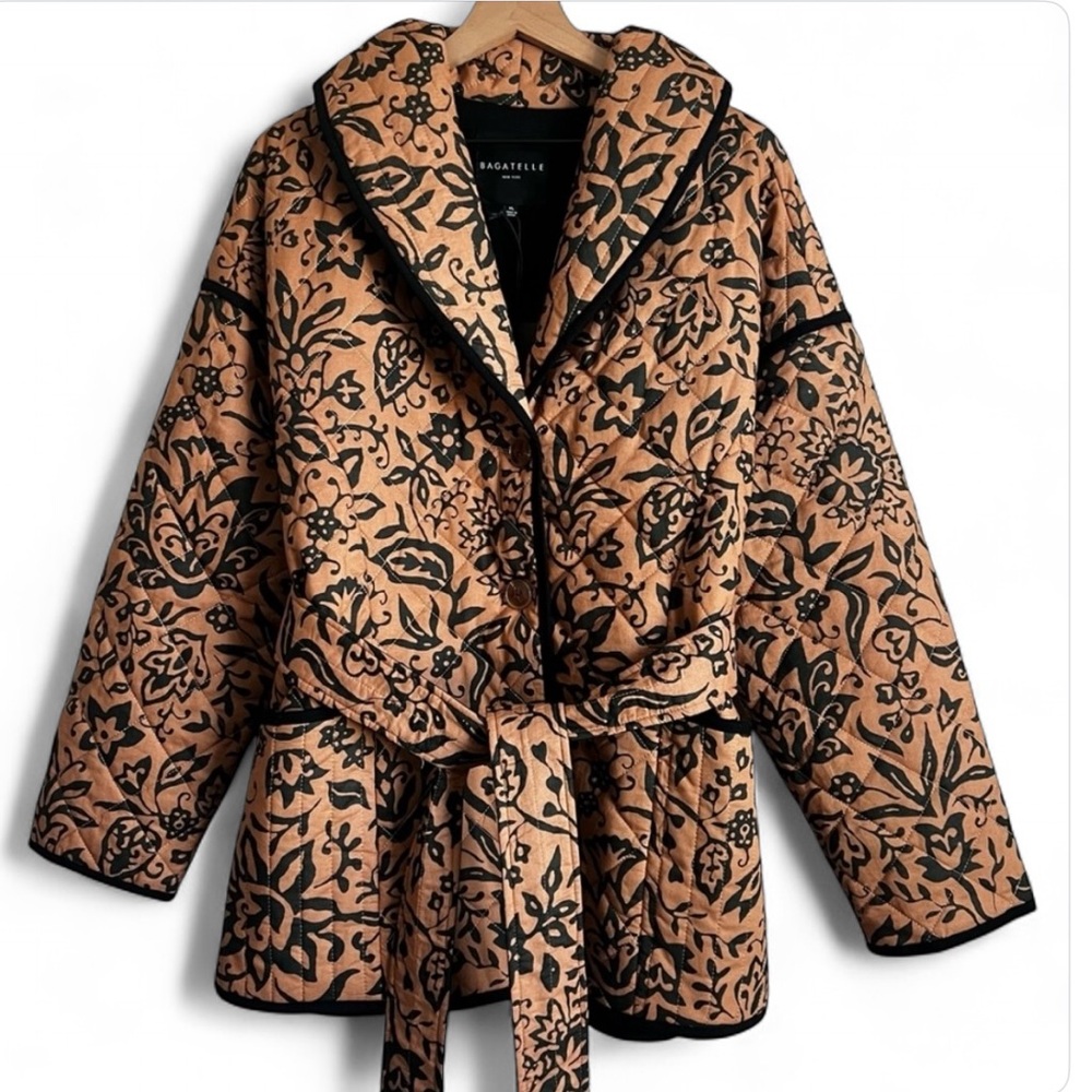 BAGATELLE Quilted Jacket Button Tie Belt Floral Black Camel XL NWT